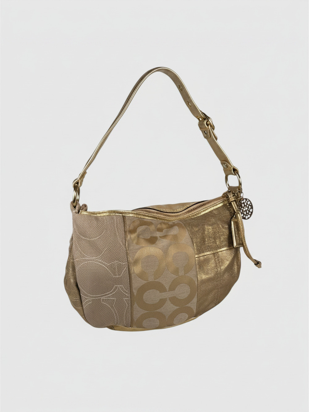 COACH Ali Patchwork Signature Shoulder Bag Leather Canvas Satchel Bag Gold Purse
